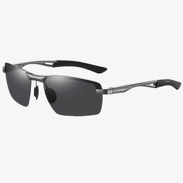Men's golf sunglasses feature a half frame TAC polarizer and a matte dark gun gray design to enhance contrast. UV protection and lightweight frame enhance athletic performance.