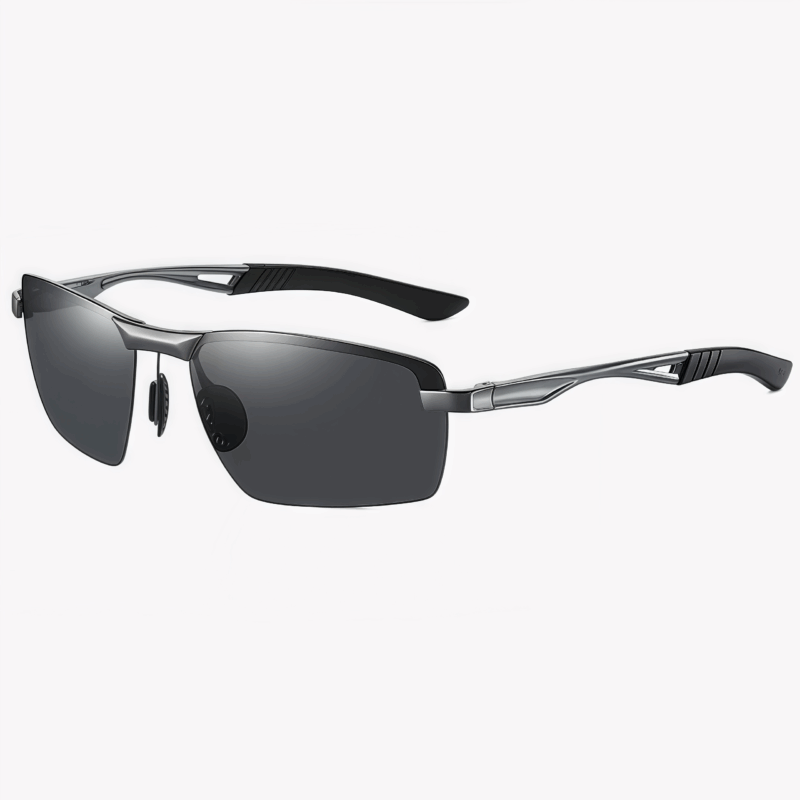 Men's golf sunglasses feature a half frame TAC polarizer and a matte dark gun gray design to enhance contrast. UV protection and lightweight frame enhance athletic performance.