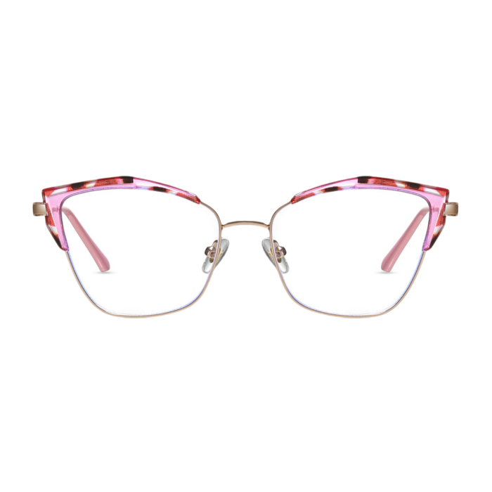 Ladies' cat eye frame, with a transparent pink gold frame design, showcases the matching effect of fashion bloggers' office outfits.