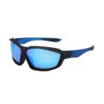 Oval-shaped cycling glasses-black frame blue legs, lightweight UV400 protection. Provide aerodynamic sports performance for road cycling and mountain bike enthusiasts