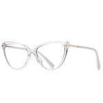Cat eye glasses suitable for round and heart-shaped faces - transparent frame, angled upward design can enhance the effect and highlight cheekbones. Front and back styling guide.
