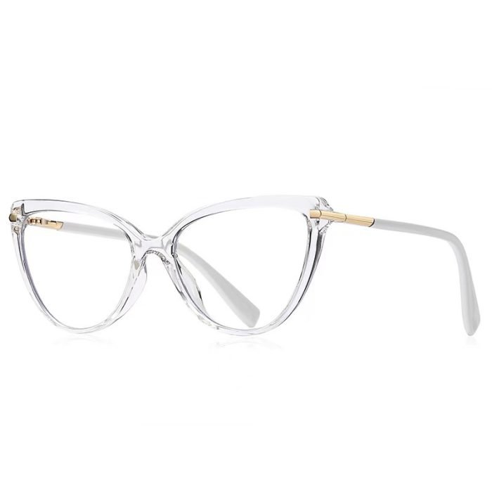 Cat eye glasses suitable for round and heart-shaped faces - transparent frame, angled upward design can enhance the effect and highlight cheekbones. Front and back styling guide.
