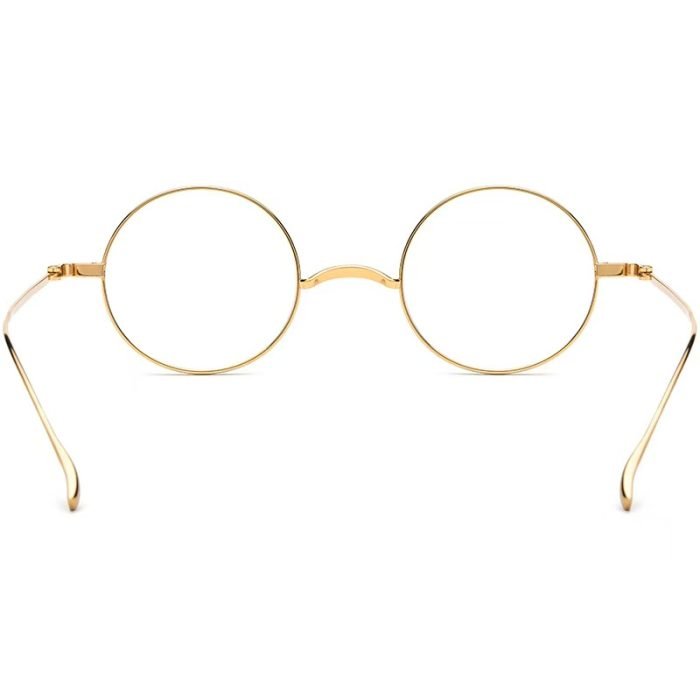 The back of the ultra light round titanium eyeglass frame is displayed, with blue light protection and customizable lenses for far and near vision.