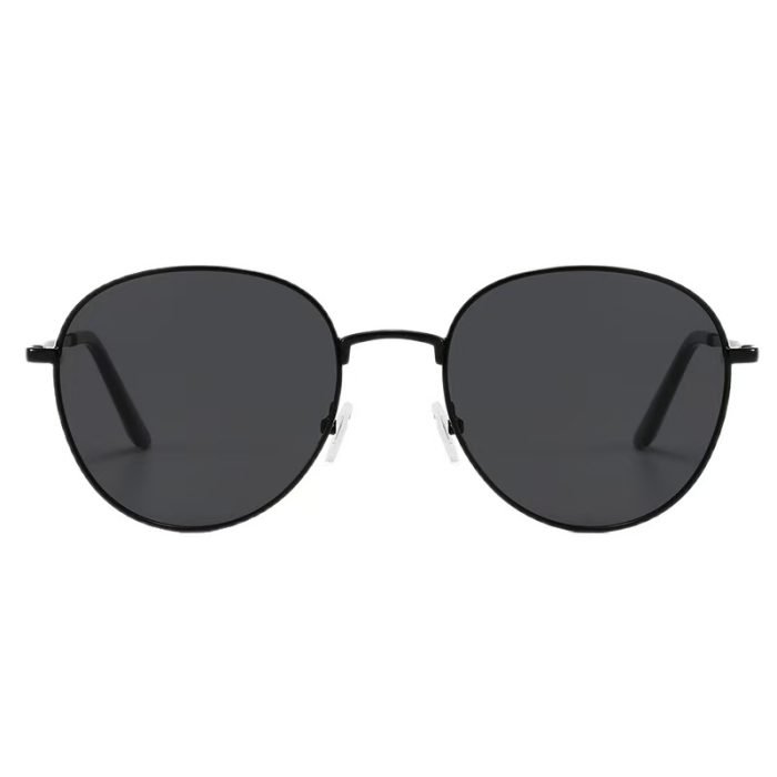 Ultra light black framed circular sunglasses with a metal frame suitable for women weighing only 16 ounces - comfortable nose pads for all day comfort on the beach or while driving.