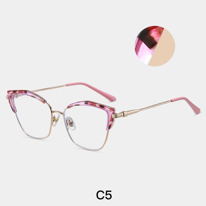 Purple leopard print cat eye frame, metal leg design, minimalist style and versatility for daily wear, supports prescription.