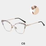 Tea leopard print eyeglass frame with simple metal leg design. Blue light blocking myopia glasses support prescription customization.