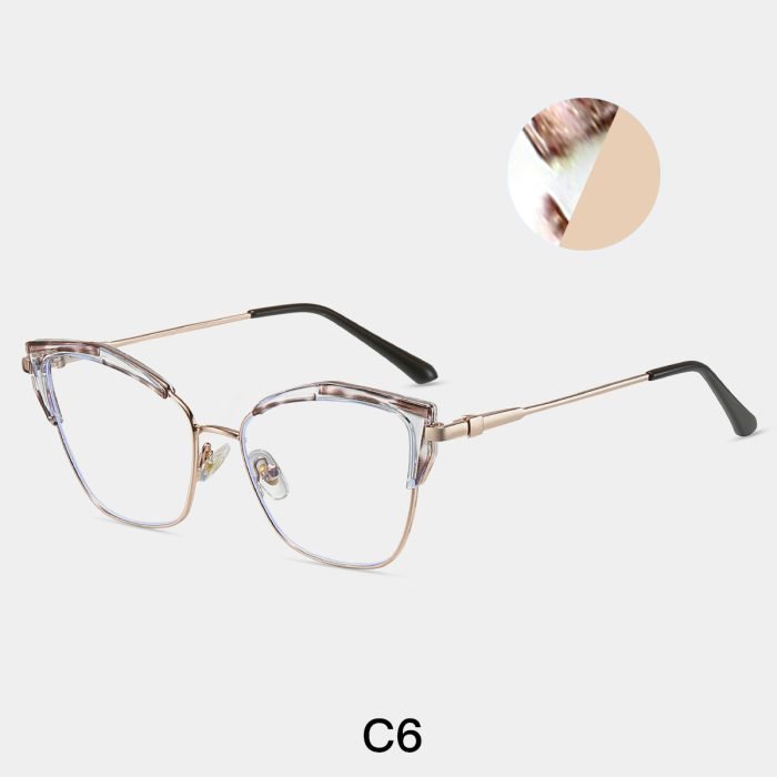 Tea leopard print eyeglass frame with simple metal leg design. Blue light blocking myopia glasses support prescription customization.