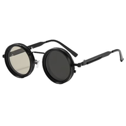Multi functional adjustable sunglasses with black frame and black legs, suitable for fishing and hiking. Men's retro style, 9-level settings, polarized lenses and full UV protection.