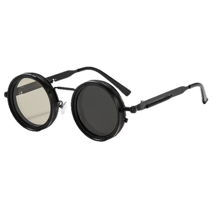 Multi functional adjustable sunglasses with black frame and black legs, suitable for fishing and hiking. Men's retro style, 9-level settings, polarized lenses and full UV protection.