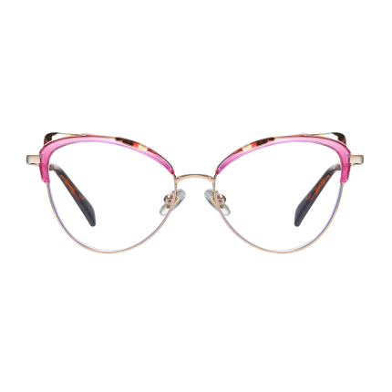 Ladies' cat eye frame wearing effect picture, transparent pink gold frame retro fashion optical frame, suitable for round face square face decoration face shape accessories.