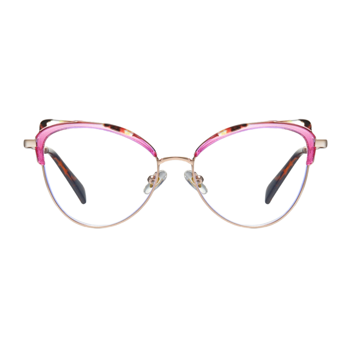 Ladies' cat eye frame wearing effect picture, transparent pink gold frame retro fashion optical frame, suitable for round face square face decoration face shape accessories.