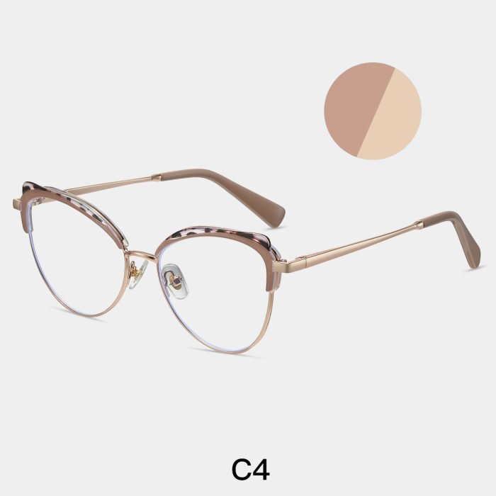 Women's cat's eye lens frame wearing effect picture, Rice noodles gold frame retro fashion optical frame, suitable for round face and square face decoration.