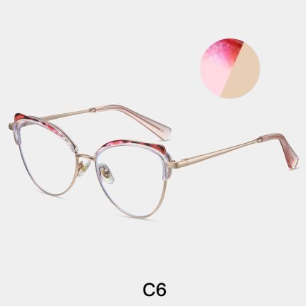 Ladies' cat eye frame wearing effect picture, transparent pink gold frame retro fashion optical frame, suitable for round face square face decoration face shape accessories.