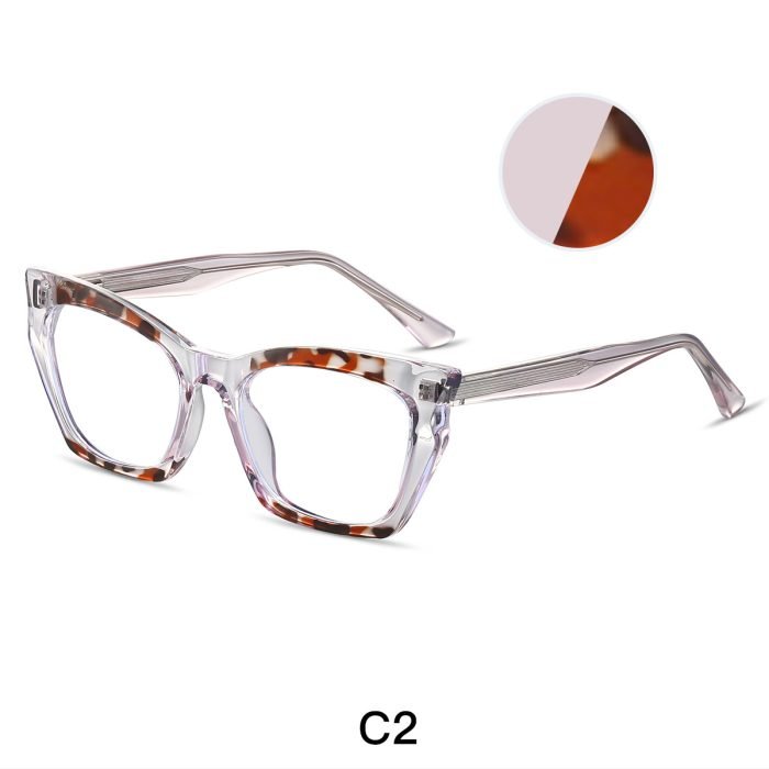 A collection of women's cat eye frames with a light purple leopard print frame design, showcasing the matching effect of fashion bloggers' office outfits, suitable for various places.