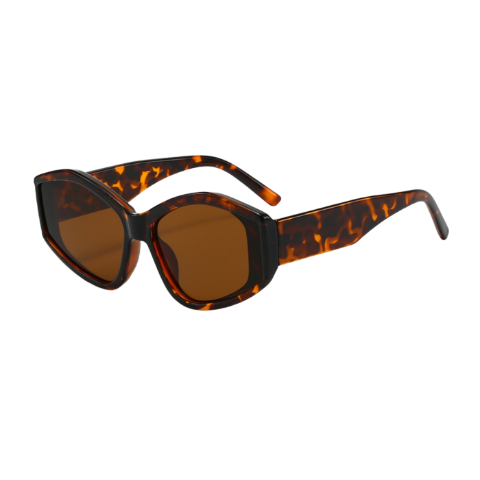 Women's irregular shaped sunglasses for summer- full UV protection. Fresh seasonal look for outdoor dining and patio parties with friends.