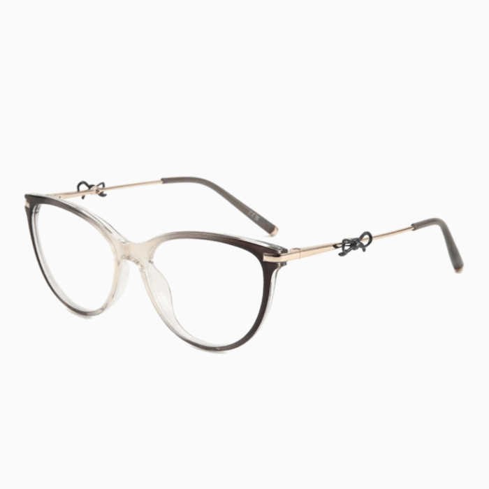 Stylish women's cat-eye glasses featuring TR90 material and metal arms with bow details. Prescription lenses option. Perfect for commuter fashion and professional settings.