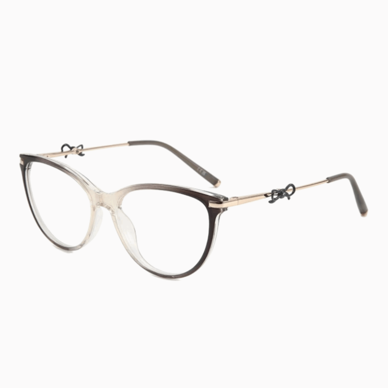Stylish women's cat-eye glasses featuring TR90 material and metal arms with bow details. Prescription lenses option. Perfect for commuter fashion and professional settings.