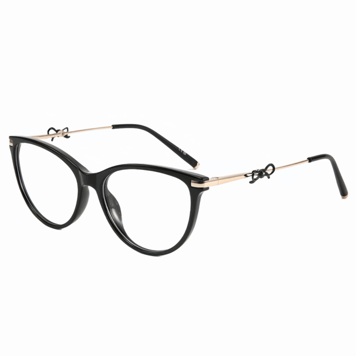 Women's cat-eye glasses with TR90 frame & metal legs. Bow decoration on temples. Custom prescription lenses available. Oval shapes for office style and trendy commuter wear.