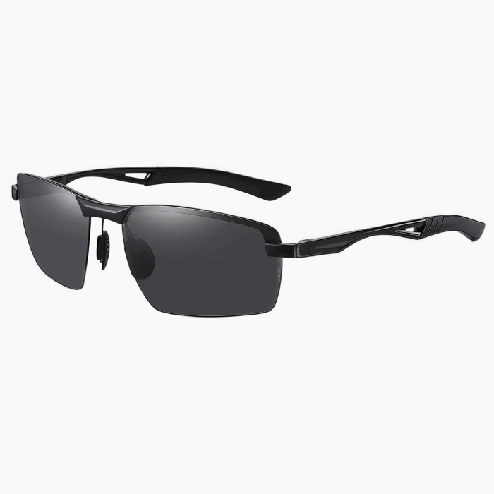 Men's multifunctional semi frameless sports sunglasses - polarized lenses with complete UV protection. Black gray black legs are suitable for hiking, cycling, and all day outdoor activities.