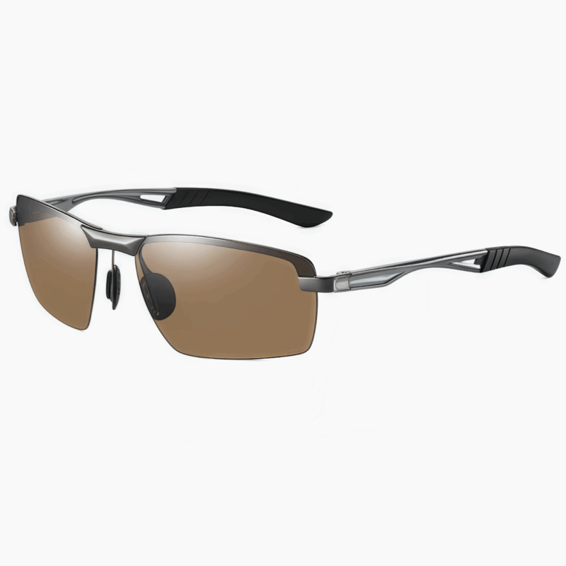 Men's semi frameless sports sunglasses, matte dark gun tea color, with polarized lenses and UV400 protection. Safe and snug fit, perfect for driving, running, and outdoor adventures.