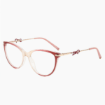 Women's oval cat-eye glasses with TR90 frame and metal temples adorned with bow. Custom prescription lenses ideal for commuter and business fashion.