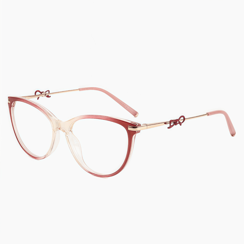 Women's oval cat-eye glasses with TR90 frame and metal temples adorned with bow. Custom prescription lenses ideal for commuter and business fashion.