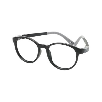 Children's oval glasses with black frames, soft frames and flexible nose pads made of TR90 material, custom prescription lenses, lightweight frame AC lenses, suitable classroom reading and activities.