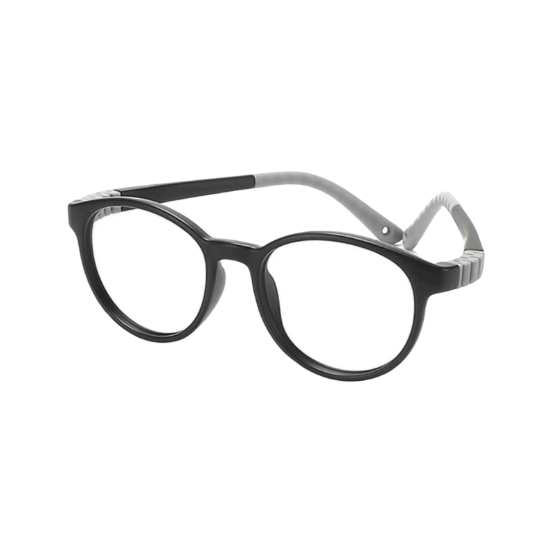 Children's oval glasses with black frames, soft frames and flexible nose pads made of TR90 material, custom prescription lenses, lightweight frame AC lenses, suitable classroom reading and activities.