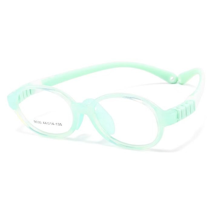 Children's safety oval glasses, transparent green frame, TR90 material, comfortable soft nose pad and anti-break AC lens, let you play without worry study with confidence.
