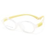 Children's learning glasses, transparent frame yellow legs AC lenses, minimalist oval TR90 frames, reduce distractions during learning and reading, custom prescription available, soft pads for safe and worry-free use.