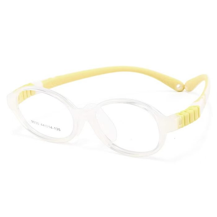 Children's learning glasses, transparent frame yellow legs AC lenses, minimalist oval TR90 frames, reduce distractions during learning and reading, custom prescription available, soft pads for safe and worry-free use.