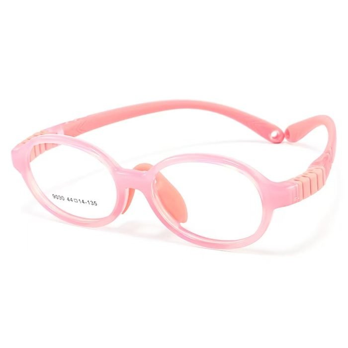 Pink frame and legs children's glasses, super soft nose pads; oval TR90 material is environmentally friendly, can customize prescription lenses, comfortable and suitable sensitive skin.