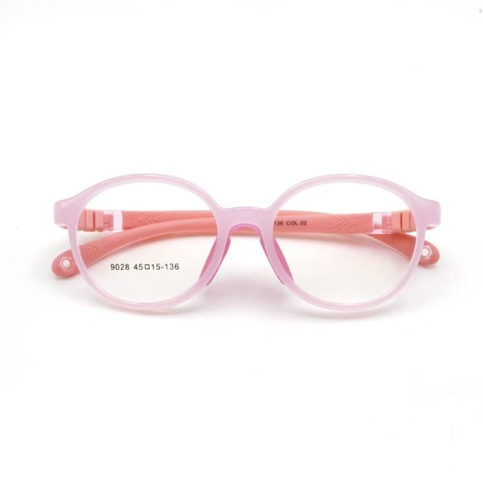 Brightly colored kids prescription glasses with AC lenses - soft TR90 oval frames and gentle nose pads for comfortable all-day school wear and learning.