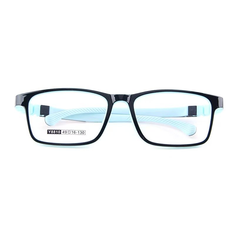 Colorful kids square glasses with custom prescription lenses - soft silicone nose pads and flexible TR90 frames for comfortable all-day classroom wear.