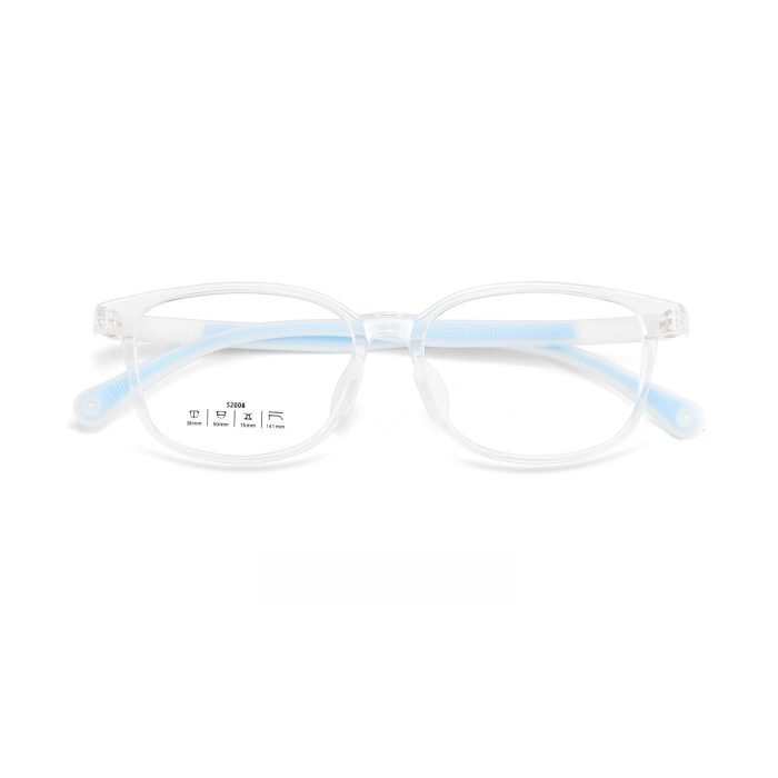 kids glasses frames with character designs and colorful accentsTransparentBlue.Available with prescription lenses, blue light and UV protection for school.