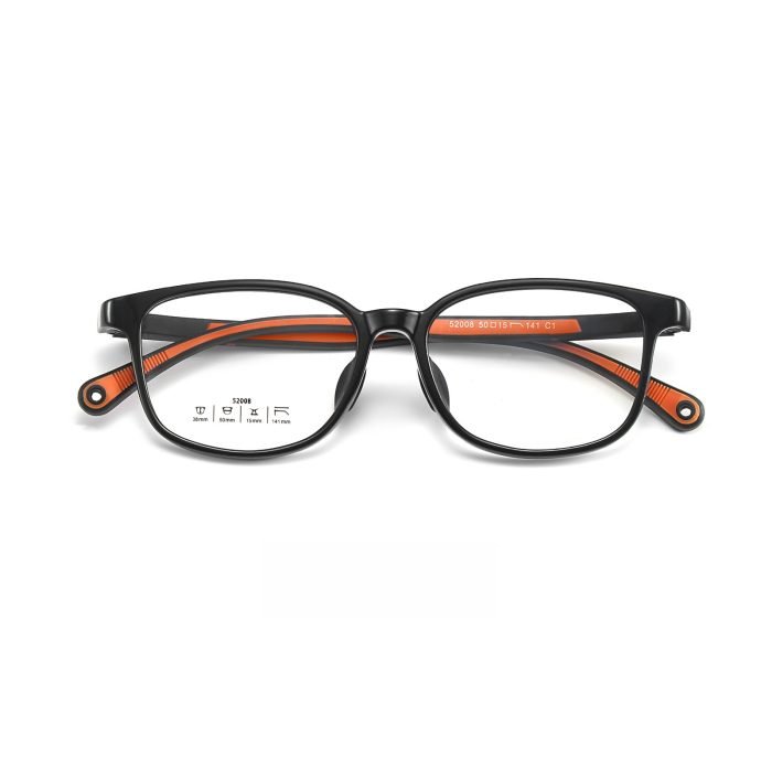 Growing kids glasses with expandable frames and replaceable lensesBlack frame orange legs.Accommodates prescription changes while maintaining blue light/UV protection.TR90