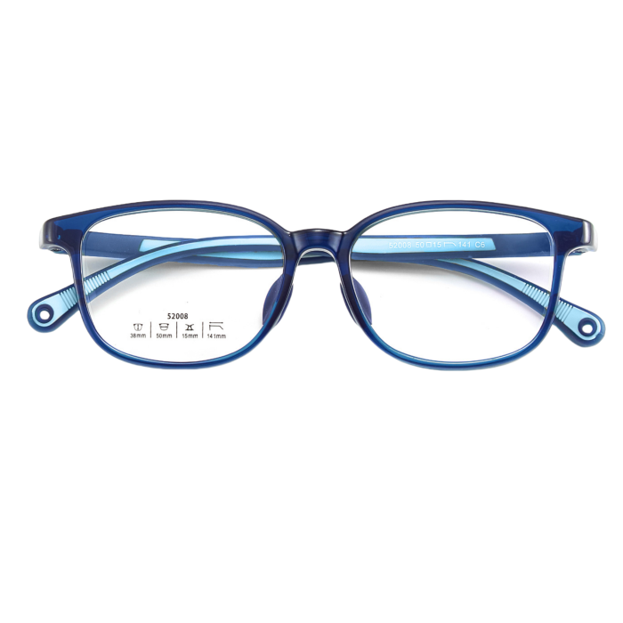 Durable and sturdy children's eyeglass frame with lake blue transparency, equipped with impact resistant polycarbonate lenses. Provide blue light filtering and 100% UV protection for active children. Support prescription customization