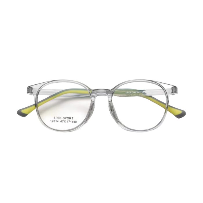 Complete eye protection kids glasses- prescription lenses with combined blue light blocking and UV400 protection for indoor/outdoor use.Transparent frame yellow legs silicone nose pads