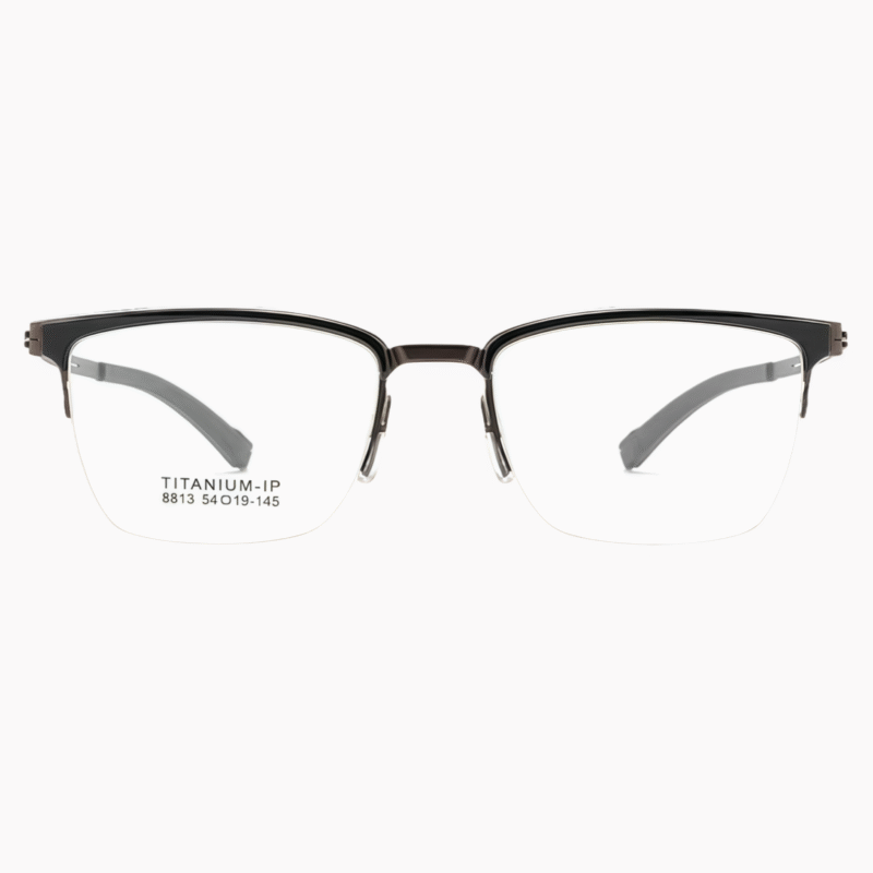 Stylish titanium half frame glasses for custom prescription glasses. Durable and lightweight design for everyday wear.