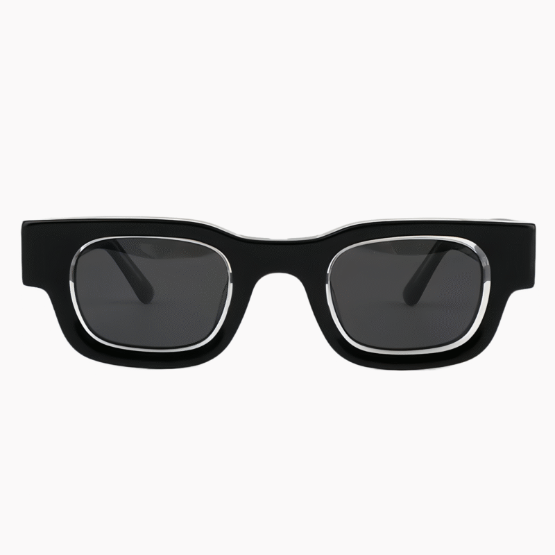 Thick acetate square frame sunglasses with polarized UV400 lenses. Vintage-inspired unisex design for luxury sun protection and stylish outdoor wear.