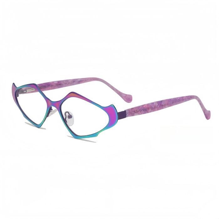 Artistic geometric prescription glasses featuring blue light blocking lenses, premium acetate frames for women.