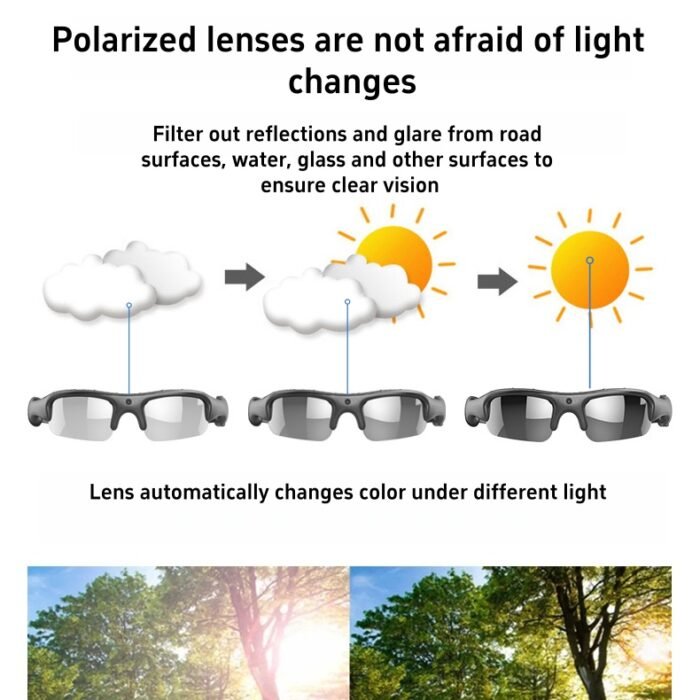 Photochromic smart sunglasses with HD camera. Polarized, reduces glare for driving/cycling. Unisex sport semi-rimless frame for daily wear.