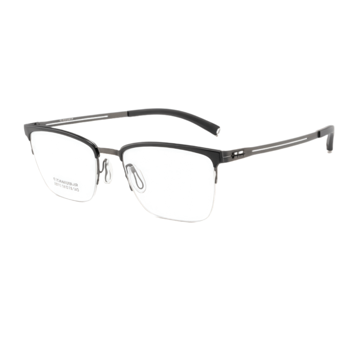 Ultra-lightweight titanium half frame prescription eyeglasses with comfortable fit and contemporary styling.