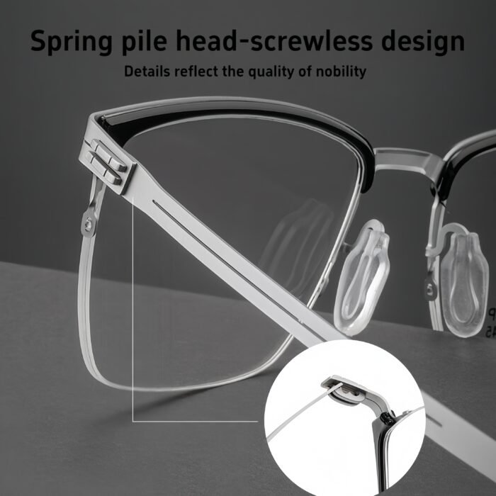 Contemporary half rim prescription eyeglasses in titanium alloy. Features minimalist design and all-day comfort.