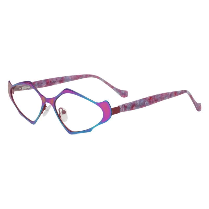 Unique geometric optical frames for women featuring prescription eyeglass with blue light blocking technology.
