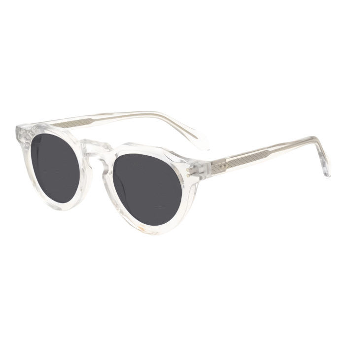 Unisex oval sunglasses featuring thick acetate frames, polarized lenses and vintage-inspired design.