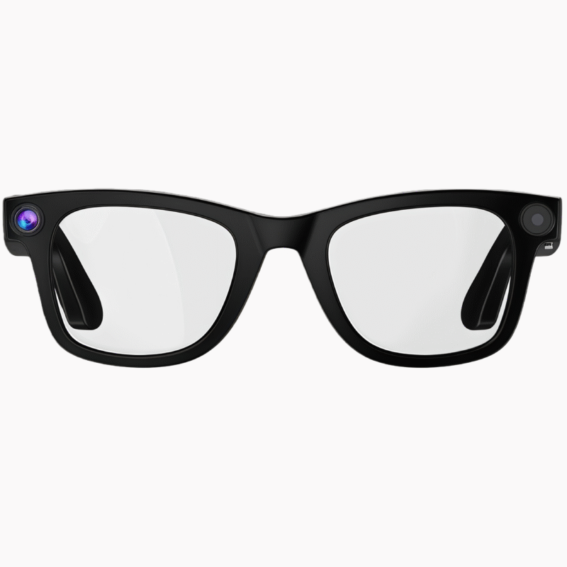 Streaming music and taking calls with wireless smart glasses featuring Bluetooth and unisex square-frame design for all-day wear.