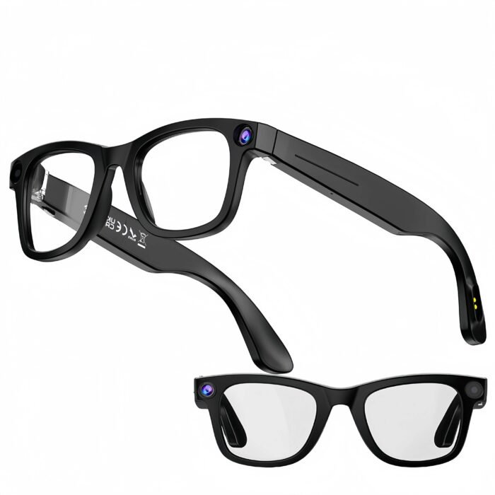AI-powered smart glasses with 8MP camera for hands-free photos and video recording, featuring WiFi and Bluetooth connectivity.