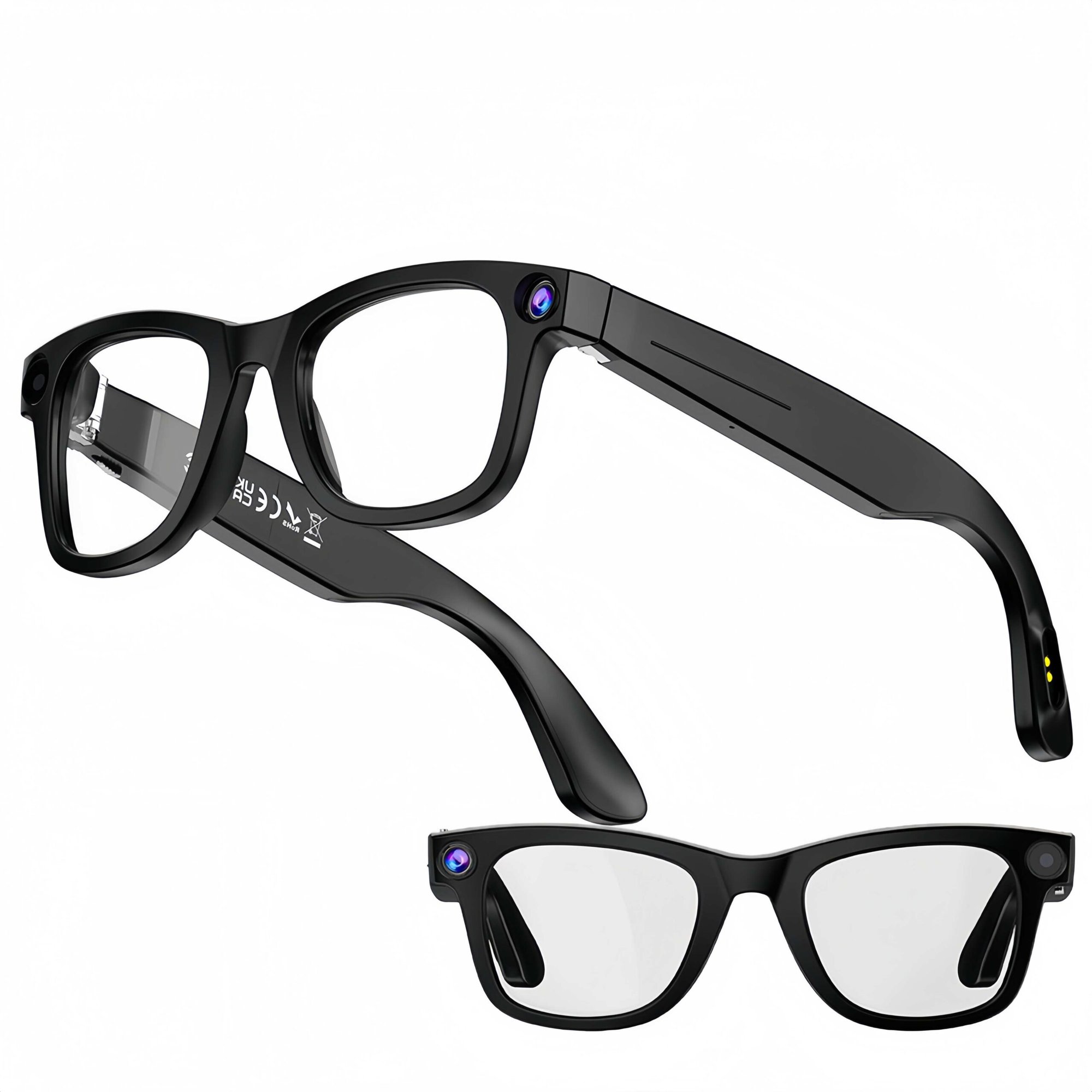 2 AI-powered smart glasses with 8MP camera for hands-free photos and video recording, featuring WiFi and Bluetooth connectivity.