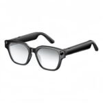 Stylish unisex square-frame smart glasses worn in city.Combines UV protection, music playback, and AI visual search in one sleek design.